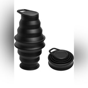 Collapsible Silicone Water Bottle - Foldable | 500ml (17oz) w/ Carabiner - Black